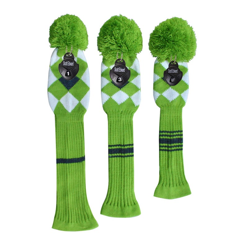 Scott Edward Vintage Long Neck Green/White/Black Argyles Grey Stripes Style Soft Pom Pom Golf Headcover, Set of 3 for Driver(460cc) Fairway Wood, Hybrid, Rotating Number Tags, Washable - Image 2